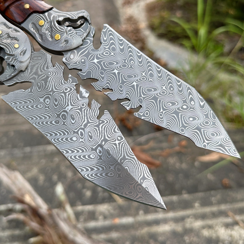 Damascus Fixed Blade Knife – Ironwood Fang Fishbone with 95-Layer Hand-Forged