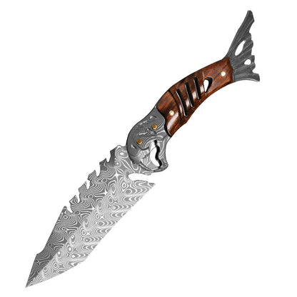 Damascus Fixed Blade Knife – Ironwood Fang Fishbone with 95-Layer Hand-Forged