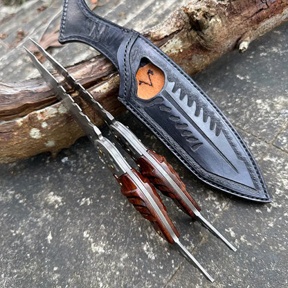 Damascus Fixed Blade Knife – Ironwood Fang Fishbone with 95-Layer Hand-Forged