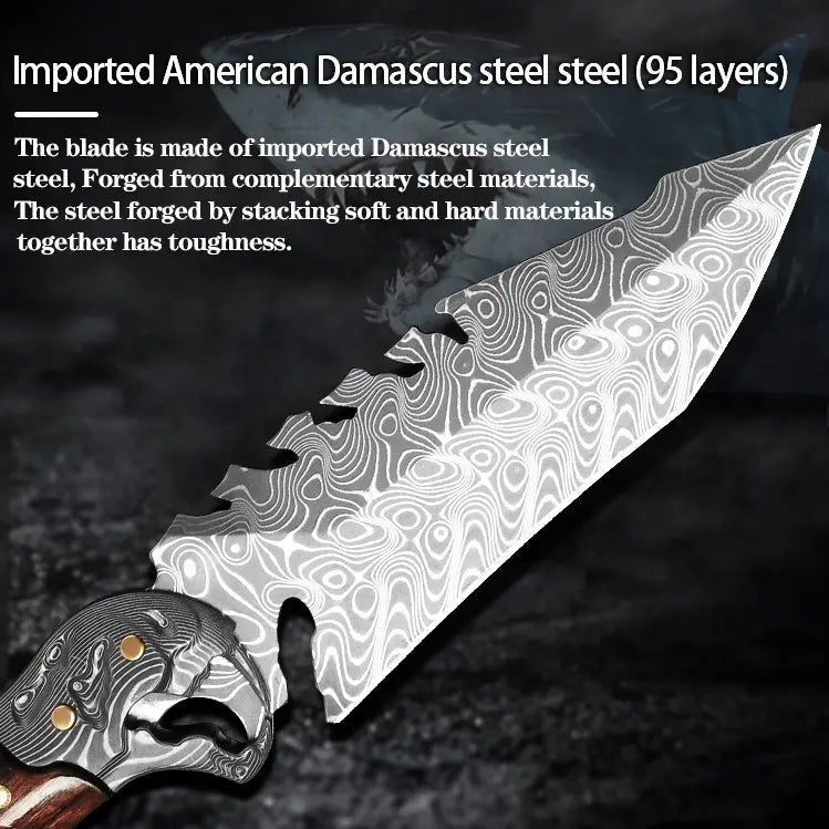 Damascus Fixed Blade Knife – Ironwood Fang Fishbone with 95-Layer Hand-Forged
