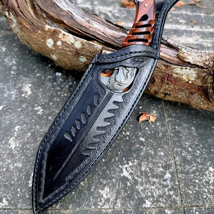 Damascus Fixed Blade Knife – Ironwood Fang Fishbone with 95-Layer Hand-Forged