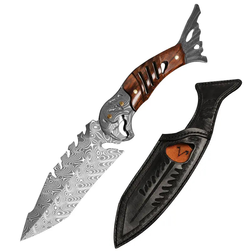 Damascus Fixed Blade Knife – Ironwood Fang Fishbone with 95-Layer Hand-Forged
