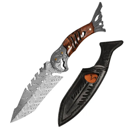 Damascus Fixed Blade Knife – Ironwood Fang Fishbone with 95-Layer Hand-Forged