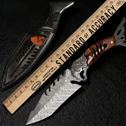 Damascus Fixed Blade Knife – Ironwood Fang Fishbone with 95-Layer Hand-Forged