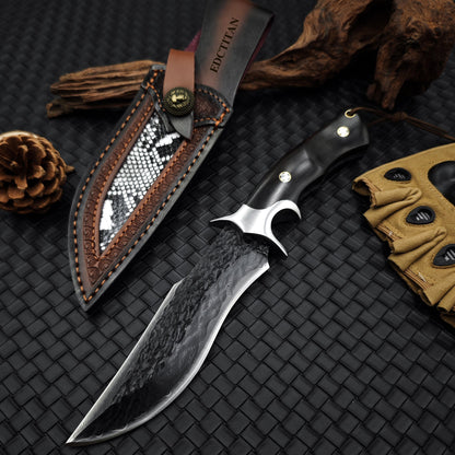 Damascus Fixed Blade Knife – Obsidian Fang Hunting with 105-Layer VG10 & Ebony Handle