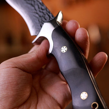 Damascus Fixed Blade Knife – Obsidian Fang Hunting with 105-Layer VG10 & Ebony Handle