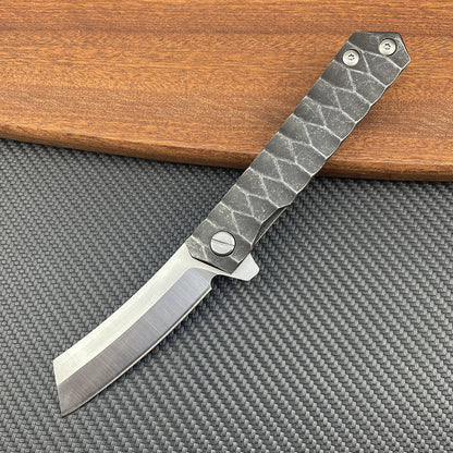 Damascus Folding Knife – D2 Steel Tanto Blade Bearing System Pocket Clip EDC Camping