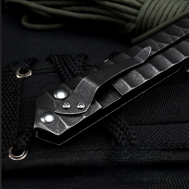 Damascus Folding Knife – D2 Steel Tanto Blade Bearing System Pocket Clip EDC Camping