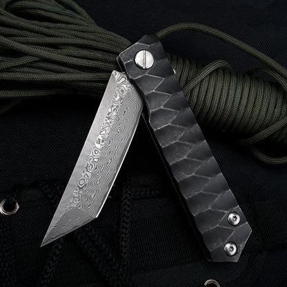 Damascus Folding Knife – D2 Steel Tanto Blade Bearing System Pocket Clip EDC Camping