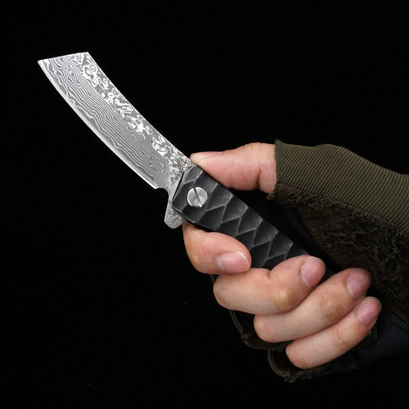 Damascus Folding Knife – D2 Steel Tanto Blade Bearing System Pocket Clip EDC Camping