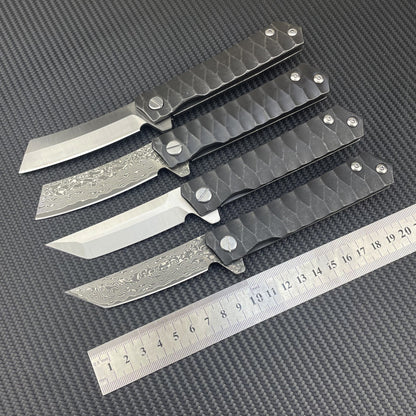 Damascus Folding Knife – D2 Steel Tanto Blade Bearing System Pocket Clip EDC Camping