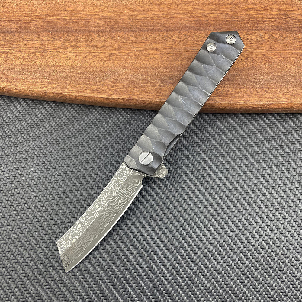 Damascus Folding Knife – D2 Steel Tanto Blade Bearing System Pocket Clip EDC Camping