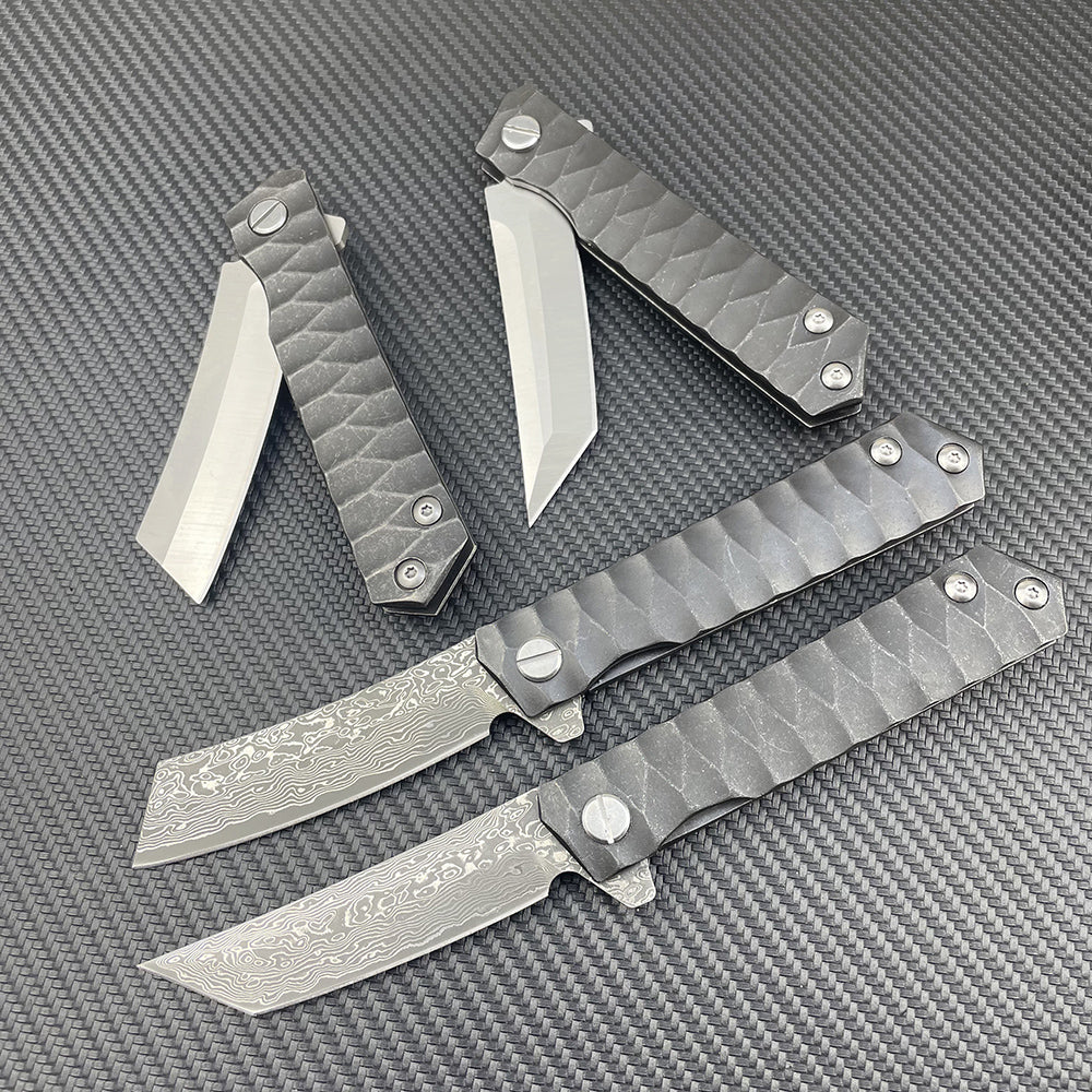Damascus Folding Knife – D2 Steel Tanto Blade Bearing System Pocket Clip EDC Camping