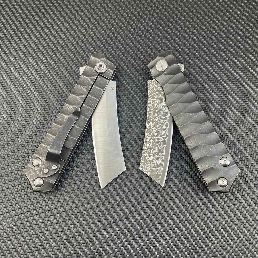 Damascus Folding Knife – D2 Steel Tanto Blade Bearing System Pocket Clip EDC Camping