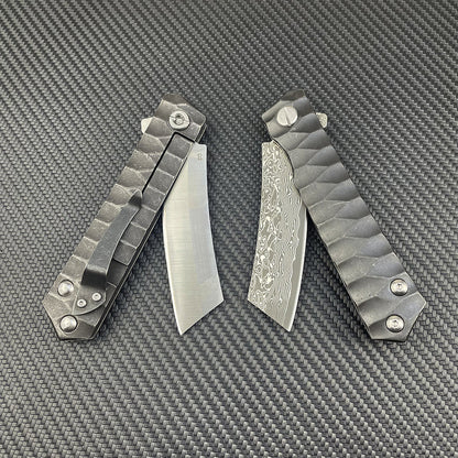 Damascus Folding Knife – D2 Steel Tanto Blade Bearing System Pocket Clip EDC Camping