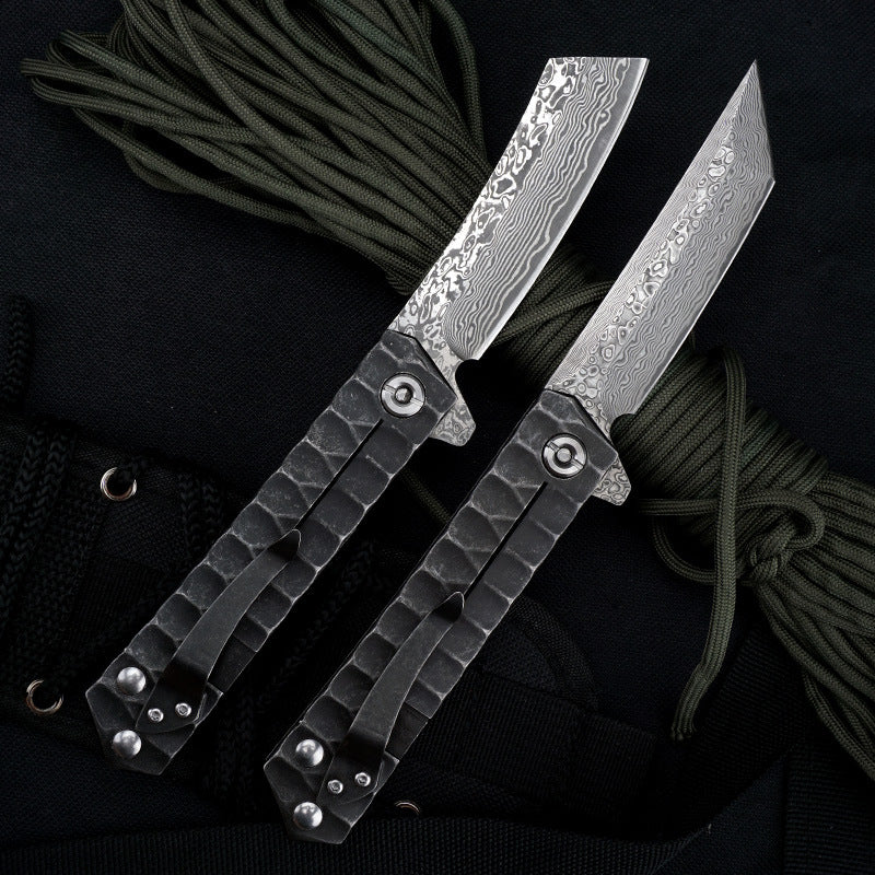 Damascus Folding Knife – D2 Steel Tanto Blade Bearing System Pocket Clip EDC Camping