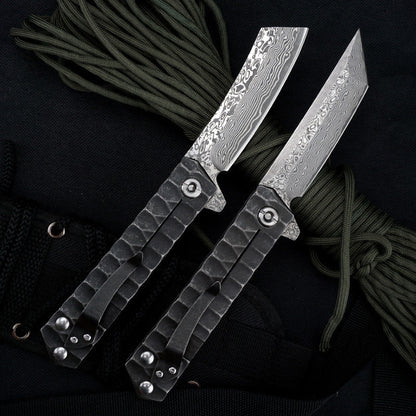 Damascus Folding Knife – D2 Steel Tanto Blade Bearing System Pocket Clip EDC Camping