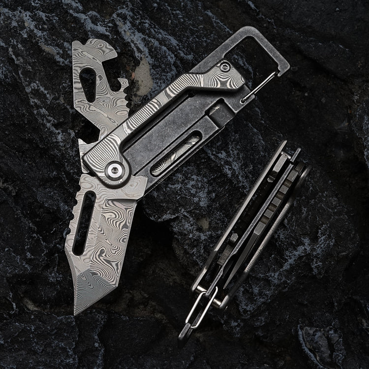 Damascus Folding Knife – Dual-Action Blade with 9-in-1 EDC Keychain Tool