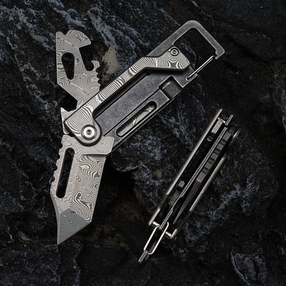 Damascus Folding Knife – Dual-Action Blade with 9-in-1 EDC Keychain Tool
