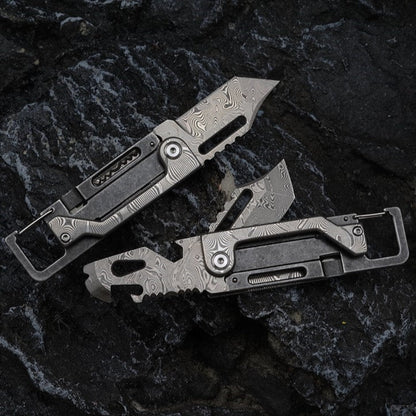 Damascus Folding Knife – Dual-Action Blade with 9-in-1 EDC Keychain Tool