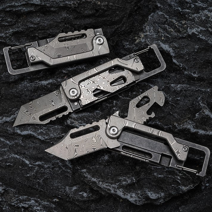 Damascus Folding Knife – Dual-Action Blade with 9-in-1 EDC Keychain Tool