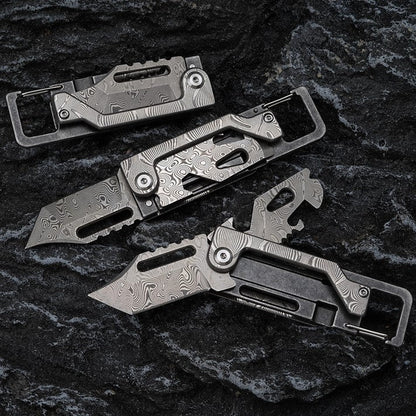 Damascus Folding Knife – Dual-Action Blade with 9-in-1 EDC Keychain Tool