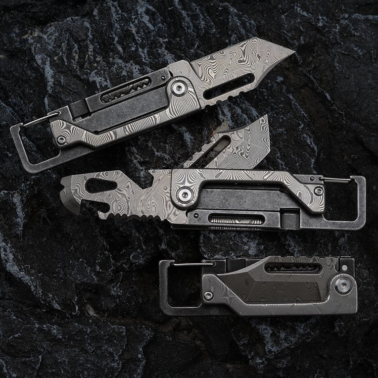 Damascus Folding Knife – Dual-Action Blade with 9-in-1 EDC Keychain Tool