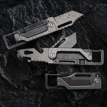 Damascus Folding Knife – Dual-Action Blade with 9-in-1 EDC Keychain Tool