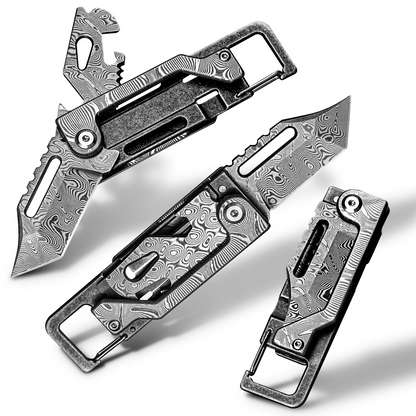 Damascus Folding Knife – Dual-Action Blade with 9-in-1 EDC Keychain Tool