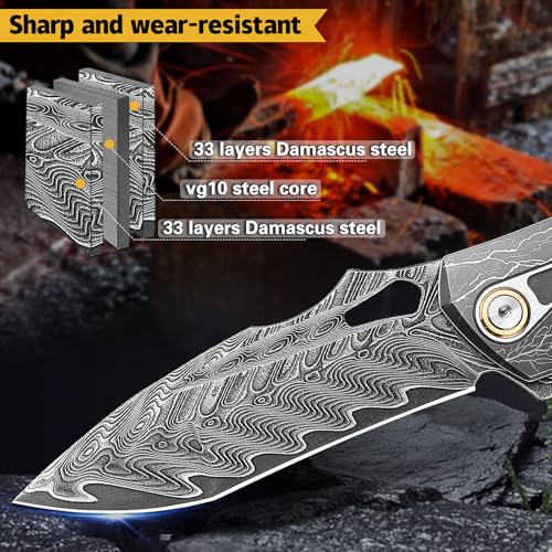 Damascus Folding Knife – Obsidian Edge Steel with VG10 & Stabilized Wood