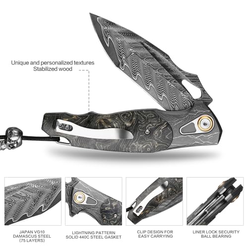 Damascus Folding Knife – Obsidian Edge Steel with VG10 & Stabilized Wood