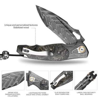 Damascus Folding Knife – Obsidian Edge Steel with VG10 & Stabilized Wood