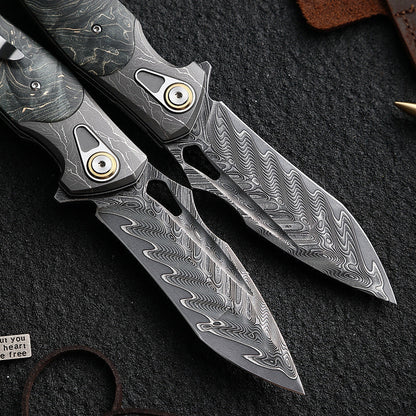 Damascus Folding Knife – Obsidian Edge Steel with VG10 & Stabilized Wood