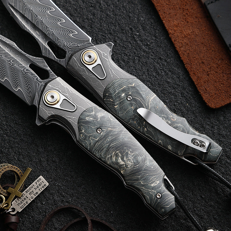 Damascus Folding Knife – Obsidian Edge Steel with VG10 & Stabilized Wood