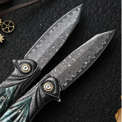 Damascus Folding Knife – Peacock Forge VG10 Pocket with Hand-Carved Handle EDC