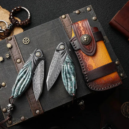 Damascus Folding Knife – Peacock Forge VG10 Pocket with Hand-Carved Handle EDC