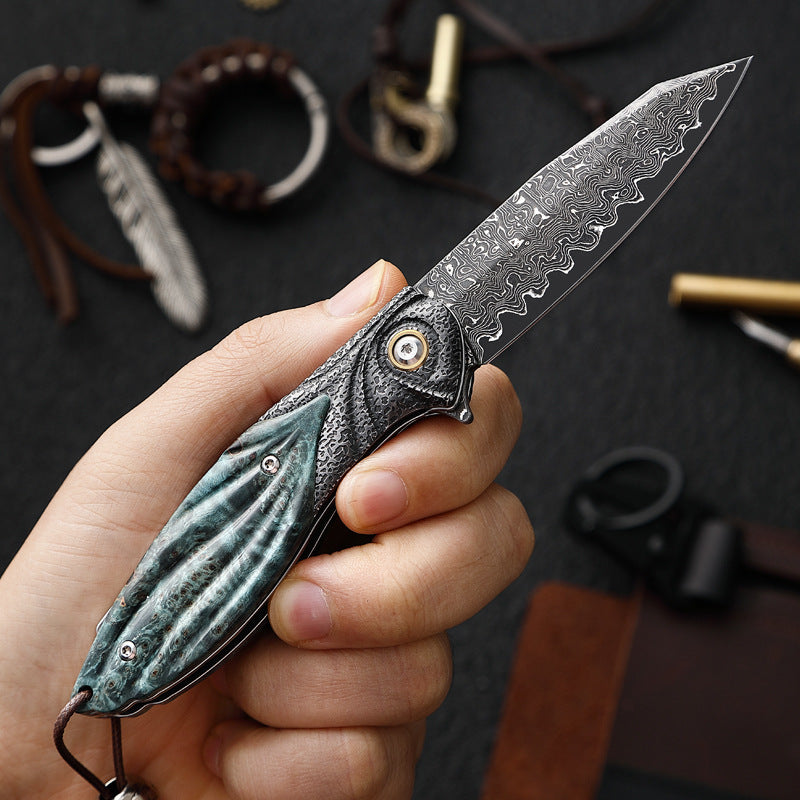 Damascus Folding Knife – Peacock Forge VG10 Pocket with Hand-Carved Handle EDC