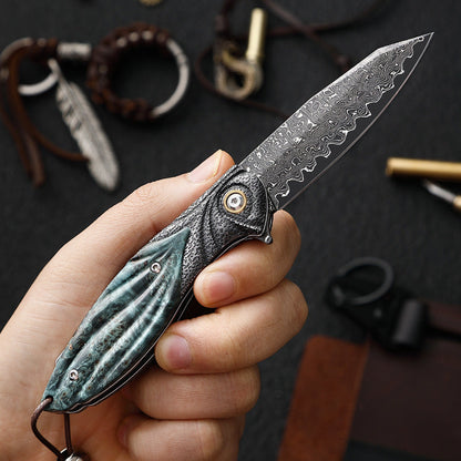 Damascus Folding Knife – Peacock Forge VG10 Pocket with Hand-Carved Handle EDC