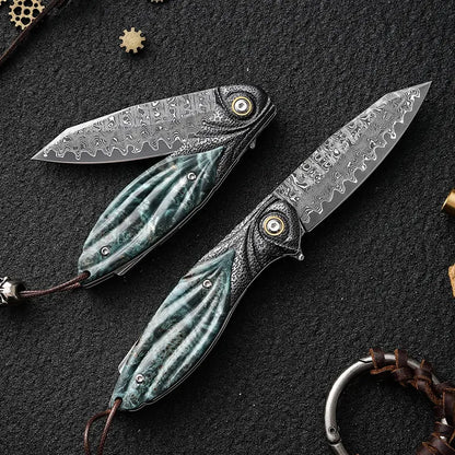 Damascus Folding Knife – Peacock Forge VG10 Pocket with Hand-Carved Handle EDC