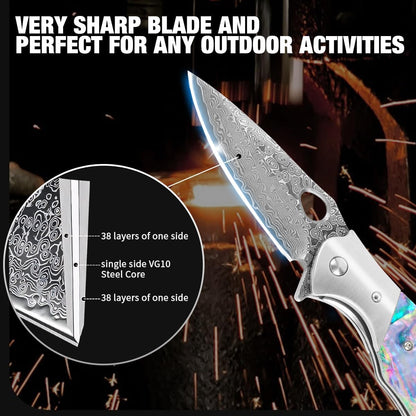 Damascus Folding Knife – Shellshade Swoop with VG10 Steel with Abalone Shell Handle