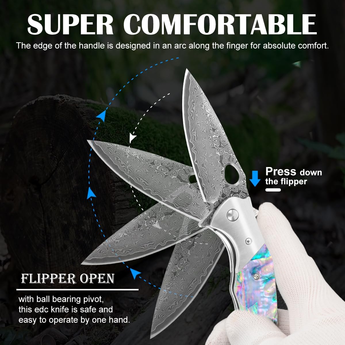 Damascus Folding Knife – Shellshade Swoop with VG10 Steel with Abalone Shell Handle