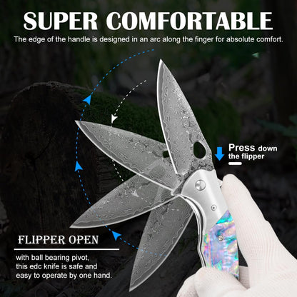 Damascus Folding Knife – Shellshade Swoop with VG10 Steel with Abalone Shell Handle