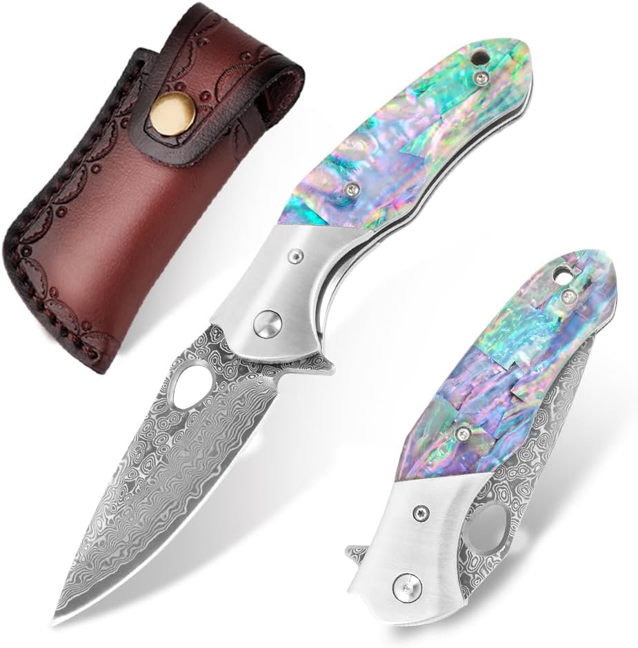 Damascus Folding Knife – Shellshade Swoop with VG10 Steel with Abalone Shell Handle