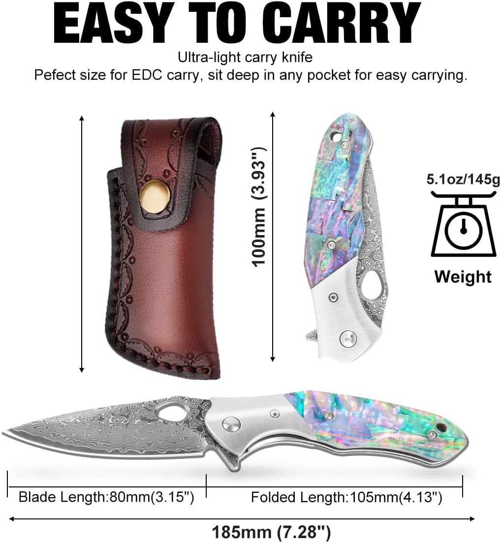 Damascus Folding Knife – Shellshade Swoop with VG10 Steel with Abalone Shell Handle