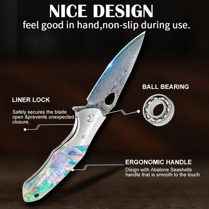 Damascus Folding Knife – Shellshade Swoop with VG10 Steel with Abalone Shell Handle