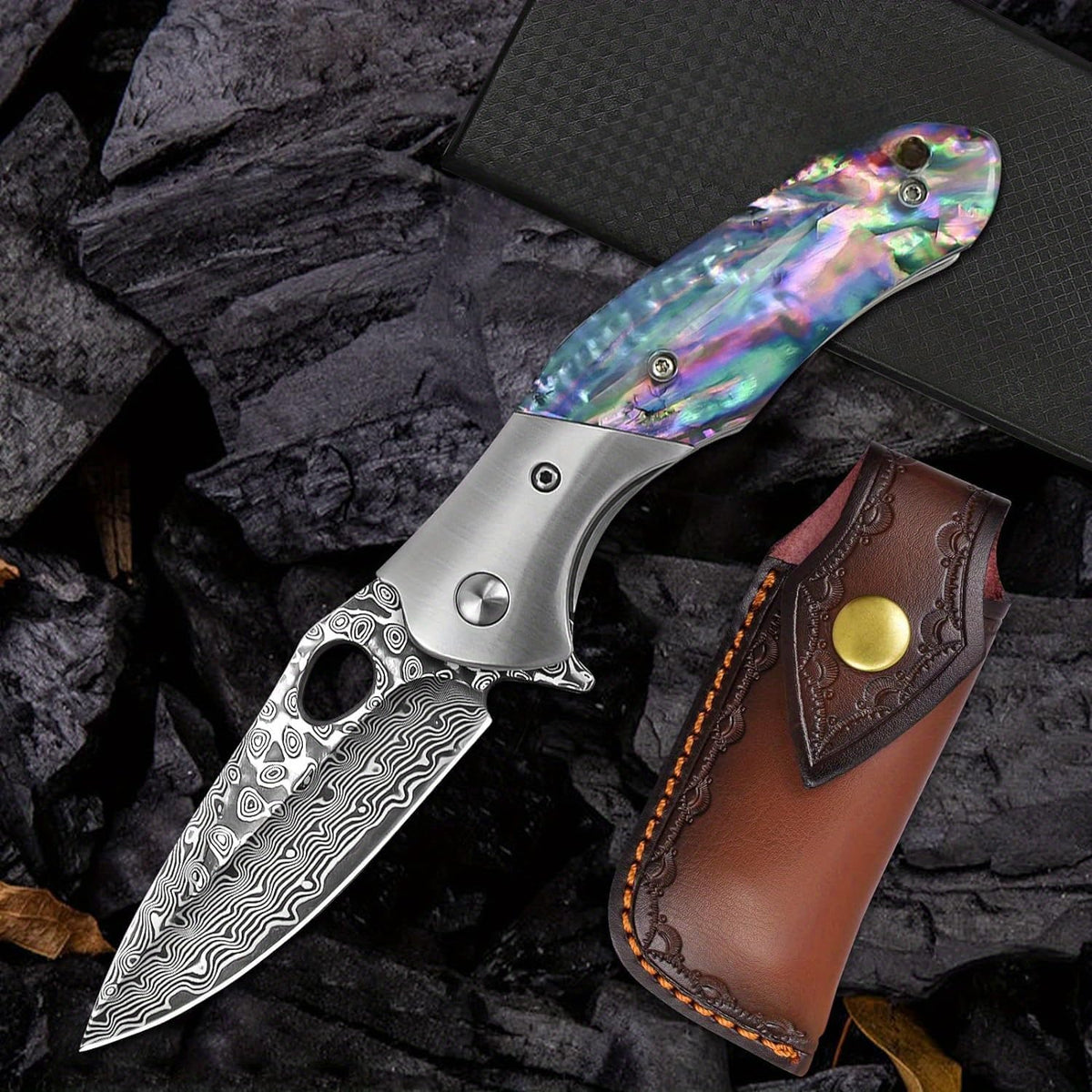 Damascus Folding Knife – Shellshade Swoop with VG10 Steel with Abalone Shell Handle