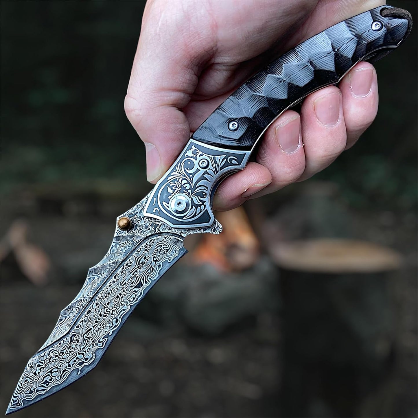 Damascus Folding Knife – Sky Blade with 107-Layer VG10 Steel with Ebony Handle