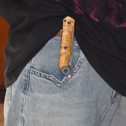 Damascus Folding Knife – SolarFlame EDC with VG10 Steel with Golden Phoebe Handle