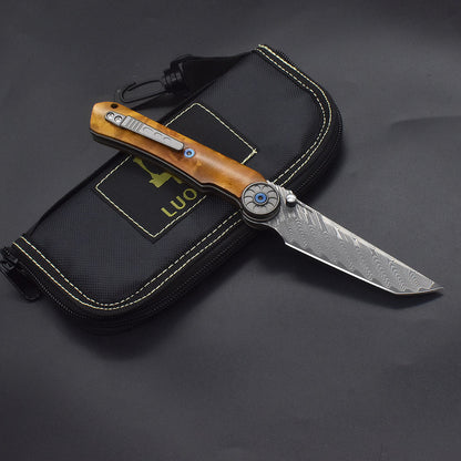 Damascus Folding Knife – SolarFlame EDC with VG10 Steel with Golden Phoebe Handle