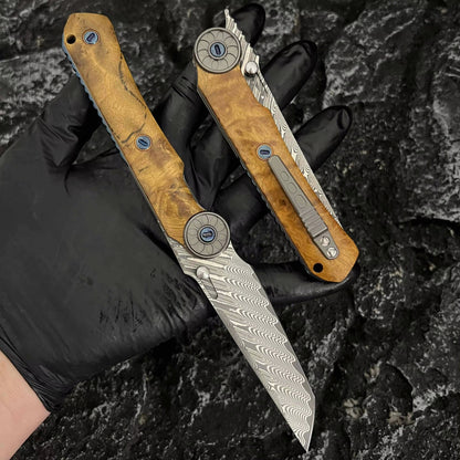 Damascus Folding Knife – SolarFlame EDC with VG10 Steel with Golden Phoebe Handle